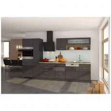 Küchenzeile Hochglanz grau 330 cm MARANELLO-03 inkl. E-Geräte, Anthrazit, Design-Glashaube mit E-Geräten B x H x T ca. 330 x 200 x 60cm anthrazit, grau
