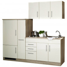 Single-Küche 210 TERAMO-03 Hochglanz Creme Breite 210 cm inkl. Kühlschrank B x H x T ca. 210 x 200 x 60cm weiß
