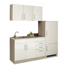 Single-Küchenzeile mit Kühlschrank 180 cm TERAMO-03 Hochglanz Creme/Eiche-Sonoma B x H x T ca. 180 x 200 x 60cm weiß