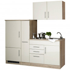 Single-Küchenzeile mit Kühlschrank, Hochglanz Creme TERAMO-03 B x H x T ca. 190 x 200 x 60cm weiß